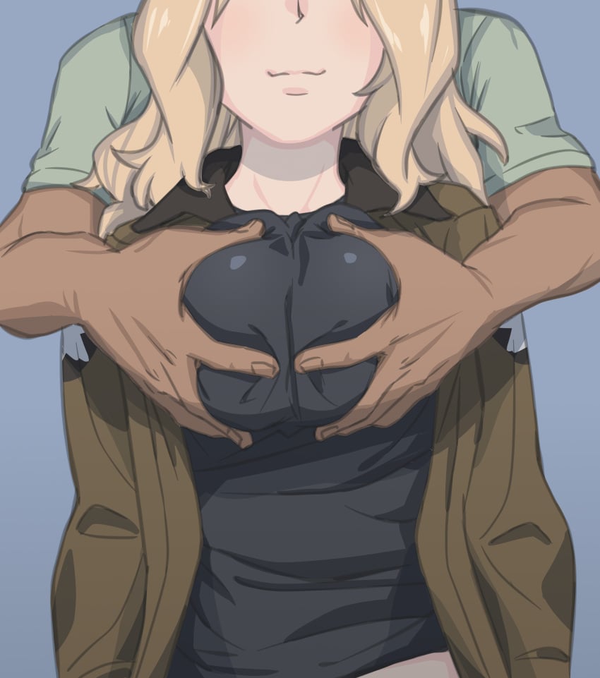 1boy absurdres black_shirt blonde_hair breasts brown_jacket closed_mouth commentary dark-skinned_male dark_skin facing_viewer female girls_und_panzer grabbing_another's_breast grabbing_from_behind groping head_out_of_frame highres huaronanago jacket kay_(girls_und_panzer) large_breasts long_sleeves medium_hair military_uniform open_clothes open_jacket saunders_military_uniform shirt smile star_(symbol) straight