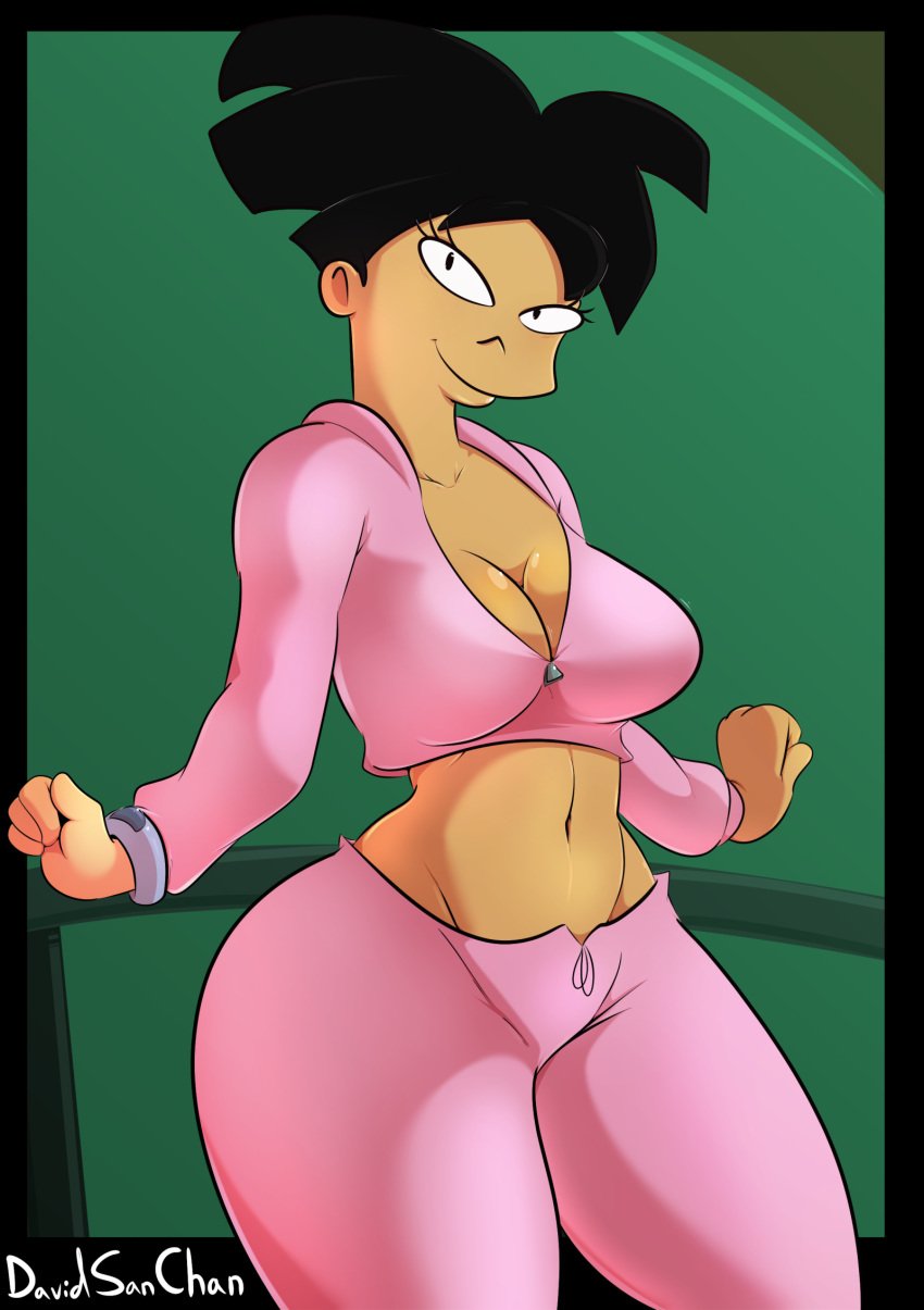 1girls amy_wong big_breasts black_hair breasts cleavage clothing davidsanchan female female_only futurama jacket looking_at_viewer navel pants png smile solo thick_thighs wide_hips