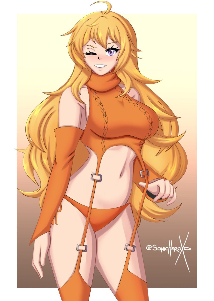 1girls blonde_female blonde_hair half-dressed half_naked long_hair long_hair_female panties purple_eyes rwby solo_female sonicheroxd stomach virgin_killer_sweater yang_xiao_long