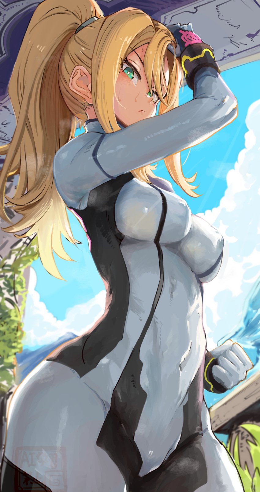 1girls belly_button_visible_through_clothing big_breasts bodysuit breasts female hips ishijimajirou looking_at_viewer looking_down nintendo outdoors samus_aran sole_female steam steaming_body sweat