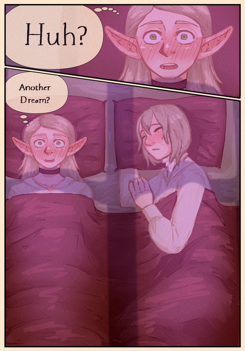 2girls bed blush clothed dungeon_meshi falin_touden female marcille_donato sleeping tagme tiredcreamtart