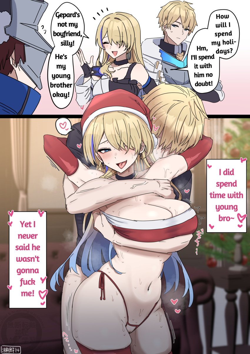 1girls 2024 2_panel 2_panel_comic 2boys 2d_(artwork) 2koma arm_around_chest arm_around_neck arm_under_breasts armsleeves armwear before_and_after belly belly_button black_choker black_shirt blonde_female blonde_hair blonde_hair_female blonde_hair_male blondie blood_related blushing_female bottomless bottomless_male brother brother_and_sister caucasian caucasian_female caucasian_male choker christmas christmas_hat christmas_outfit christmas_tree december december_(month) dialogue english english_dialogue english_text english_translation female fence14 fur_trim gepard_(honkai:_star_rail) heart hearts_around_head hi_res holidays honkai:_star_rail hoyoverse hug hugging hugging_from_behind incest incestuous_desire indoor indoor_nudity indoors instant_loss instant_loss_2koma japanese_text males mihoyo nudity older_sister older_sister_younger_brother pink_heart pink_hearts red_armwear red_hat red_stockings red_topwear red_trim saku_no_14 serval_landau sexy_santa shirt sister slutty slutty_clothing slutty_face speech_bubbles stockings straight strong_male strong_man sweat sweating sweaty sweaty_body text text_box third_party_edit thong tongue tongue_out translated