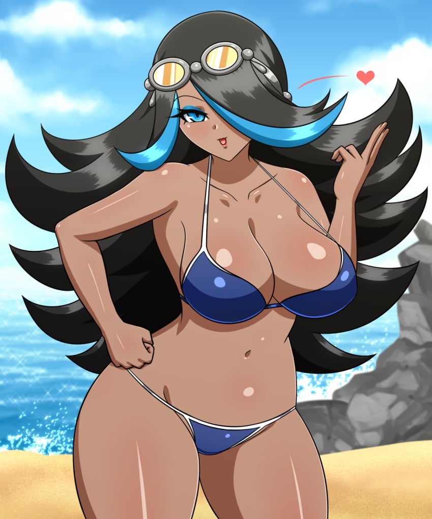 1girls beach bikini black_hair blue_eyes blue_hair dark-skinned_female dark_skin female female_only goggles goggles_on_head heart justsayyen long_hair multicolored_hair pokemon pokemon_oras shelly_(pokemon) shelly_(pokemon_oras) solo swimsuit two-tone_hair yensh