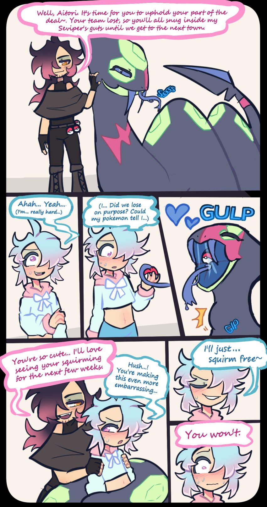 alternative_fashion comic dialogue embarrassed english_text fan_character feeding female femboy feral generation_3_pokemon group hi_res human interspecies male male/female male/male male_(lore) mammal nintendo nympholingdraws oral_vore penetration pokeball pokeball_insertion pokemon pokemon_(species) pokephilia reptile scalie sequence seviper snake soft_vore teasing text trio vore willing_prey