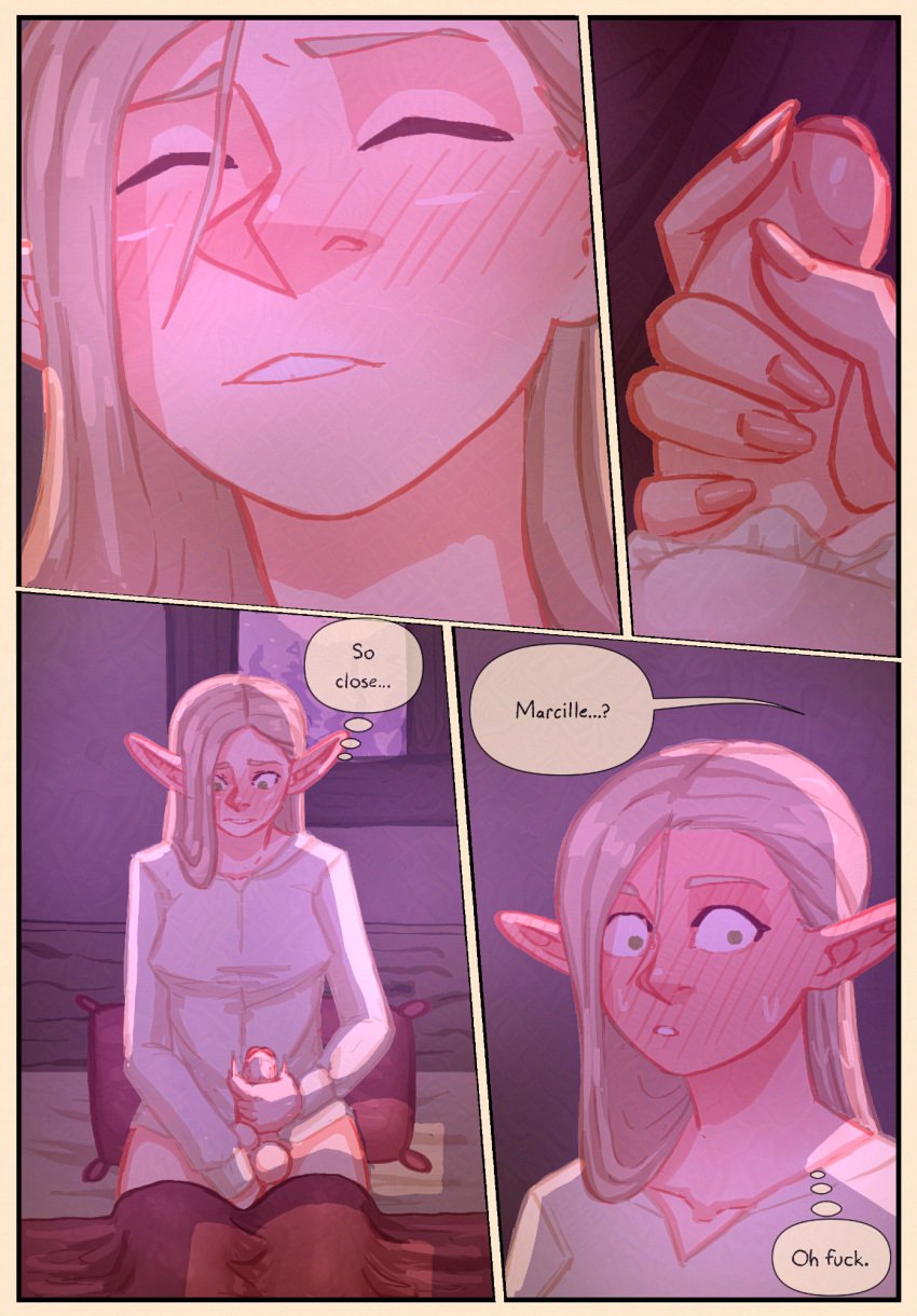 1girls balls blush breasts caught_masturbating comic dialogue dungeon_meshi embarrassed english_text female futanari humanoid light_skin long_ears marcille_donato masturbation penis text tiredcreamtart