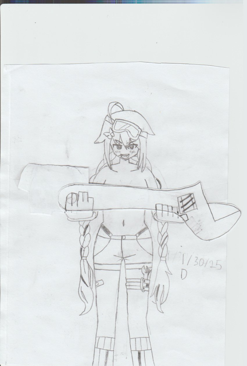 adjustable_wrench ahoge bandage_on_thigh butterfly_hair_ornament calf_socks comically_large_object covering_breasts dated excited goggles_on_head hip_straps holding_object idol_corp nikki_rei nodders open_mouth overall_shorts pencil_(artwork) scan_artifacts self-upload thigh_strap tool_belt topless twin_braids virtual_youtuber work_gloves