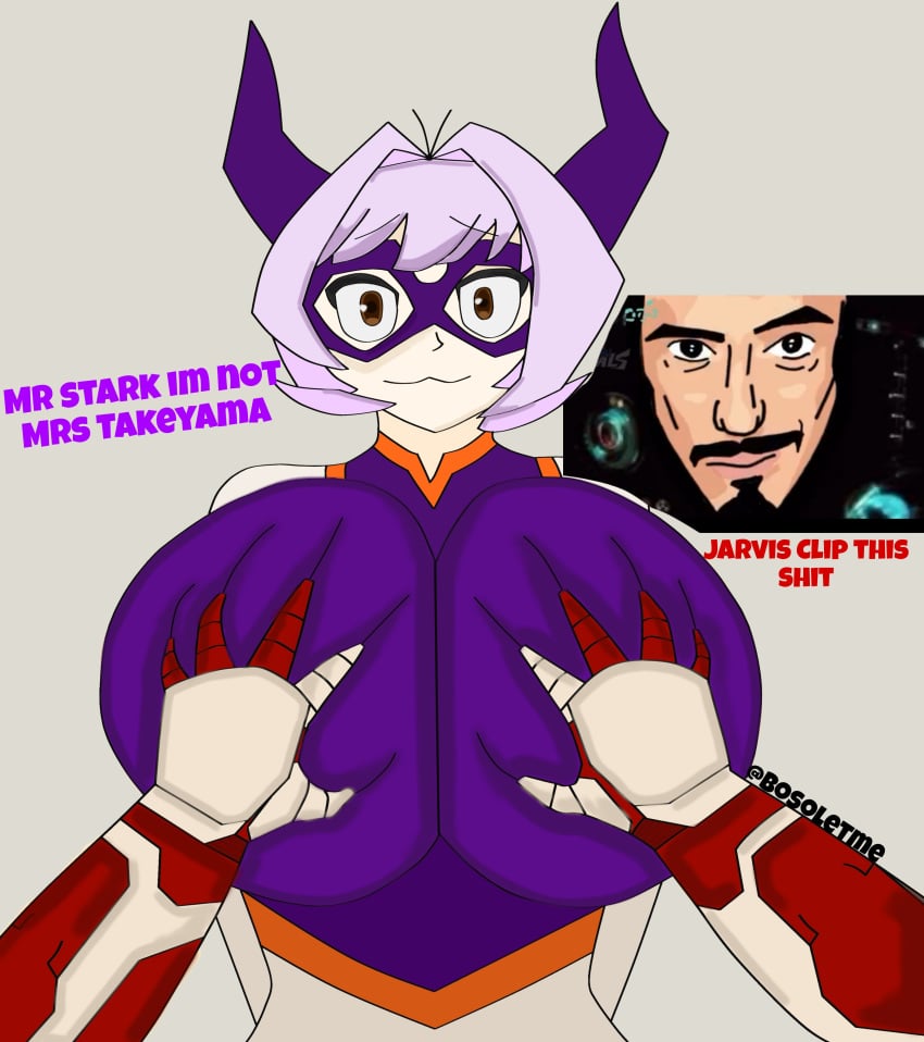 2d boob_grab breast_grab humor iron_man komi-san_wa_komyushou_desu komi_can't_communicate marvel marvel_cinematic_universe marvel_rivals meme mount_lady mount_lady_(cosplay) my_hero_academia osana_najimi purple_hair tony_stark yuu_takeyama