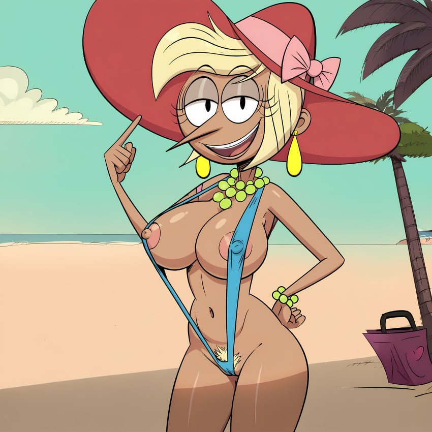 1girls aegis999_(artist) ai_generated alternate_version_available beach big_breasts big_hat blonde_hair breasts cameltoe ebony ecchi erect_nipples female_pubic_hair looking_at_viewer nipples_visible_through_bikini pov short_hair solo tagme v_bikini