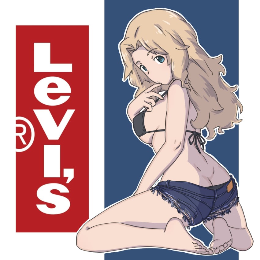 ass barefoot black_bra black_panties blonde_hair blue_eyes blue_shorts blush bra breasts butt_crack covered_nipples feet female girls_und_panzer highres huaronanago kay_(girls_und_panzer) large_breasts levi's long_hair looking_at_viewer looking_back panties short_shorts shorts sideboob soles solo toes underwear