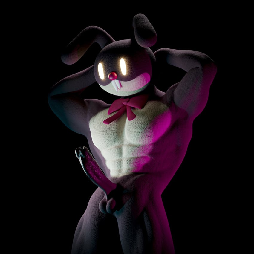 1boy 3d abs anthro athletic_male balls biceps big_penis black_background bowtie buff bunny_ears countershade_face countershade_fur countershade_torso countershading derpixon erection flexing glans glowing_eyes grey_body grey_fur hands_behind_head lagomorph_humanoid large_penis male male_only mammal mammal_humanoid muscular muscular_arms muscular_legs muscular_male muscular_thighs no_underwear novart nude pecs penis pointy_teeth pose posing rabbit rabbit_ears render sharp_teeth simple_background simple_eyes simple_face stuffy_bunny teeth testicles thighs thrusting triceps