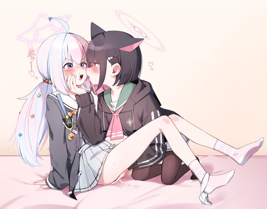 2girls absurdres after_kiss ahoge animal_ears black_hair black_jacket black_pantyhose blue_archive blue_hair blush cat_ears colored_inner_hair extra_ears eye_contact fingering grey_skirt hair_ornament hairclip halo highres hood hood_down hooded_jacket jacket kazusa_(blue_archive) kneeling long_hair long_sleeves looking_at_another multicolored_hair multiple_girls no_shoes open_mouth panties panties_around_one_ankle pantyhose pink_hair pink_halo purple_eyes reisa_(blue_archive) saliva saliva_trail short_hair sitting skirt socks star_(symbol) star_hair_ornament star_halo underwear white_panties whonyang yuri