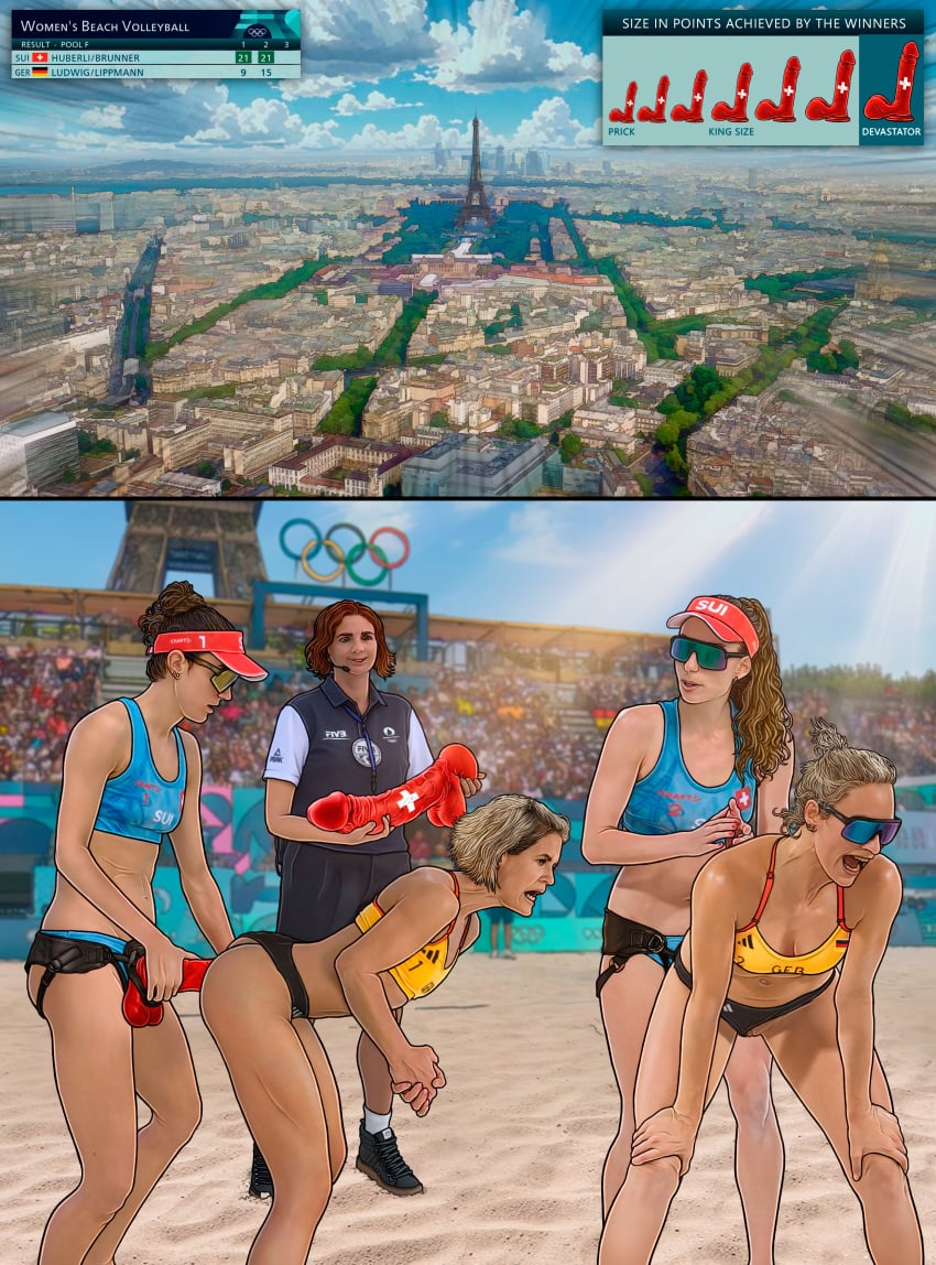 anal anal_sex arena beach_volleyball buggery comic defeat defeated female femdom humiliation laura_ludwig loreleia louisa_lippmann nina_betschart nina_brunner olympics paris_2024 score scoreboard sport sports sports_bikini sports_bra sportswear stadium stadium_background strap-on tanja_hüberli volleyball