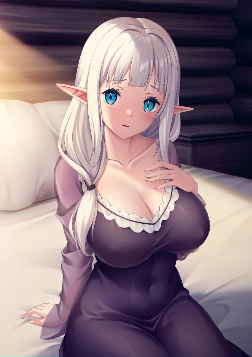 1girls absurdres arm_support bed_sheet black_dress blue_eyes blunt_bangs blush breasts cleavage collarbone commentary_request covered_erect_nipples curvy dress grey_hair hair_over_shoulder hand_on_own_chest highres indoors isekai_nonbiri_nouka large_breasts long_hair looking_at_viewer maijin_(ayisaka) open_mouth pillow pointy_ears rurushi_ru see-through_clothes see-through_sleeves sidelocks sitting solo stomach wooden_wall