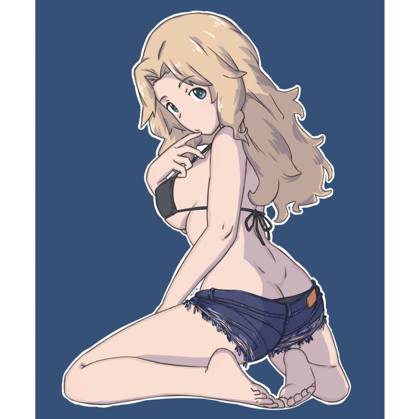 ass back bare_back bare_shoulders barefoot bikini bikini_under_clothes black_bikini blonde_hair blue_background blue_eyes blue_shorts blush breasts butt_crack covered_nipples cutoffs denim denim_shorts feet female finger_to_mouth from_behind girls_und_panzer halterneck highres huaronanago kay_(girls_und_panzer) kneeling large_breasts light_frown long_hair looking_at_viewer looking_back no_shirt outline short_shorts shorts sideboob simple_background soles solo string_bikini swimsuit toes torn_clothes torn_shorts white_outline