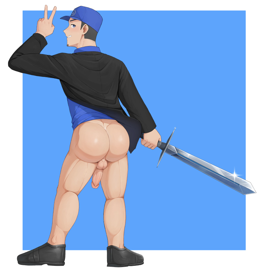 ass ass_focus atlus balls baseball_cap bubble_butt cock dick garohart iori_junpei junpei_iori looking_at_viewer male_ass male_ass_focus male_focus male_only no_pants p3 peace_sign persona_3 smiling smiling_at_viewer solo_male sword testicles uniform