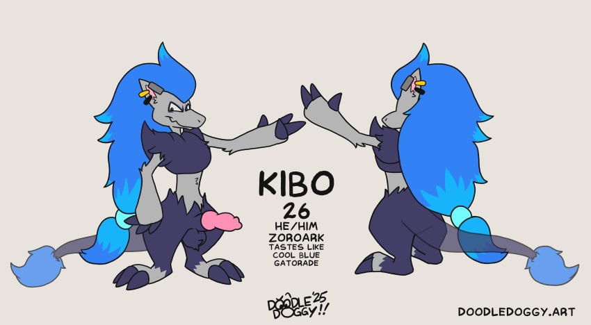 absurd_res animal_genitalia blue_body blue_fur doodledoggy english_text fur generation_5_pokemon genitals grey_body grey_fur hi_res kibo_(kibokishimo) knot knotted_penis male model_sheet nintendo penis pokemon pokemon_(species) sheath text toony zoroark