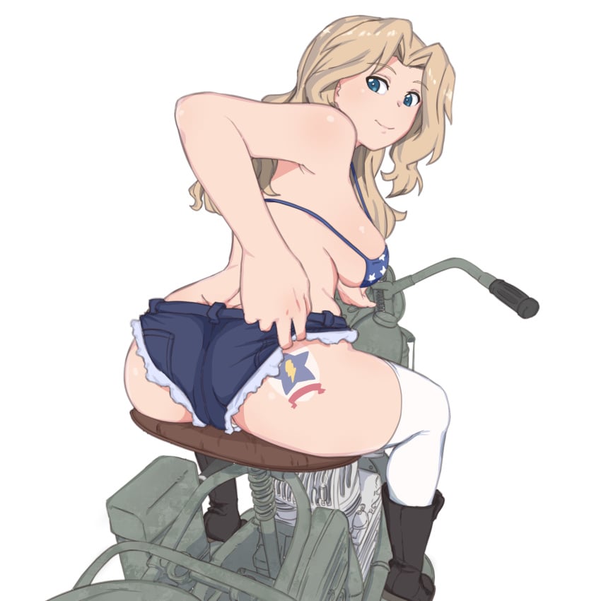 american_flag american_flag_bikini american_flag_print ass bare_shoulders bikini blonde_hair blue_eyes blue_shorts breasts closed_mouth cutoffs emblem female flag_print girls_und_panzer highres huaronanago kay_(girls_und_panzer) large_breasts long_hair looking_back motor_vehicle motorcycle no_shirt on_motorcycle print_bikini saunders_(emblem) short_shorts shorts simple_background solo swimsuit thighhighs white_background white_thighhighs