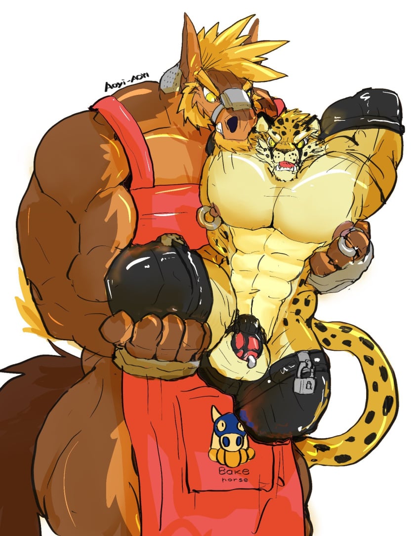 2024 anthro aoyi_aoyi apron barazoku big_muscles biped bitchsuit bondage_gear cheetah clothing dominant dominant_anthro dominant_male duo equid equine felid feline genital_piercing genitals hi_res horse huge_muscles humanoid_genitalia humanoid_penis lock male mammal muscular muscular_anthro muscular_dom muscular_male muscular_sub nipple_piercing nipple_ring nipples padlock penis penis_piercing piercing prince_albert_piercing ring_piercing size_difference submissive submissive_anthro submissive_male