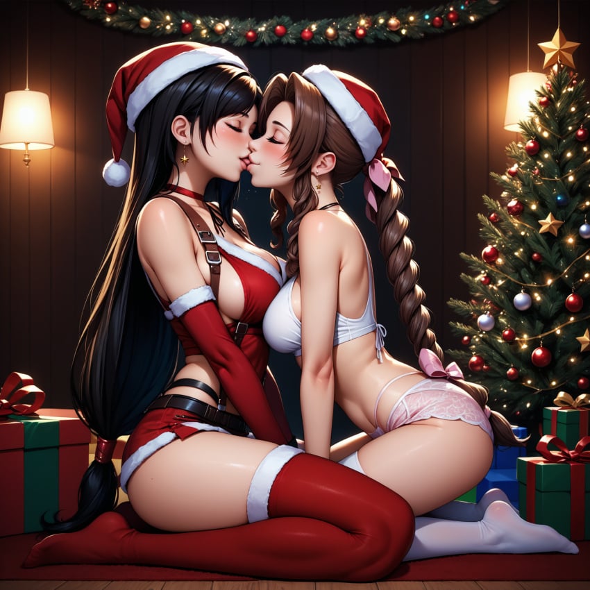 2girls aerith_gainsborough ai_art ai_generated belt bent_legs black_hair blush braid braided_hair braided_ponytail breast_press breast_to_breast brown_hair carpet choker christmas christmas_decorations christmas_outfit christmas_present christmas_tree cleavage closed_eyes clothed_female couple crop_top earrings fairy_lights feet final_fantasy final_fantasy_vii final_fantasy_vii_remake french_kiss full_body gift hair_ribbon happy highres kissing lampshade large_breasts lesbian_kiss living_room long_hair lunea_arts multiple_girls open_mouth panties passionate_kiss ponytail santa_hat seiza shirt sitting sitting_on_floor skirt square_enix suspenders thigh_highs tifa_lockhart tongue tongue_kiss tongue_out yuri