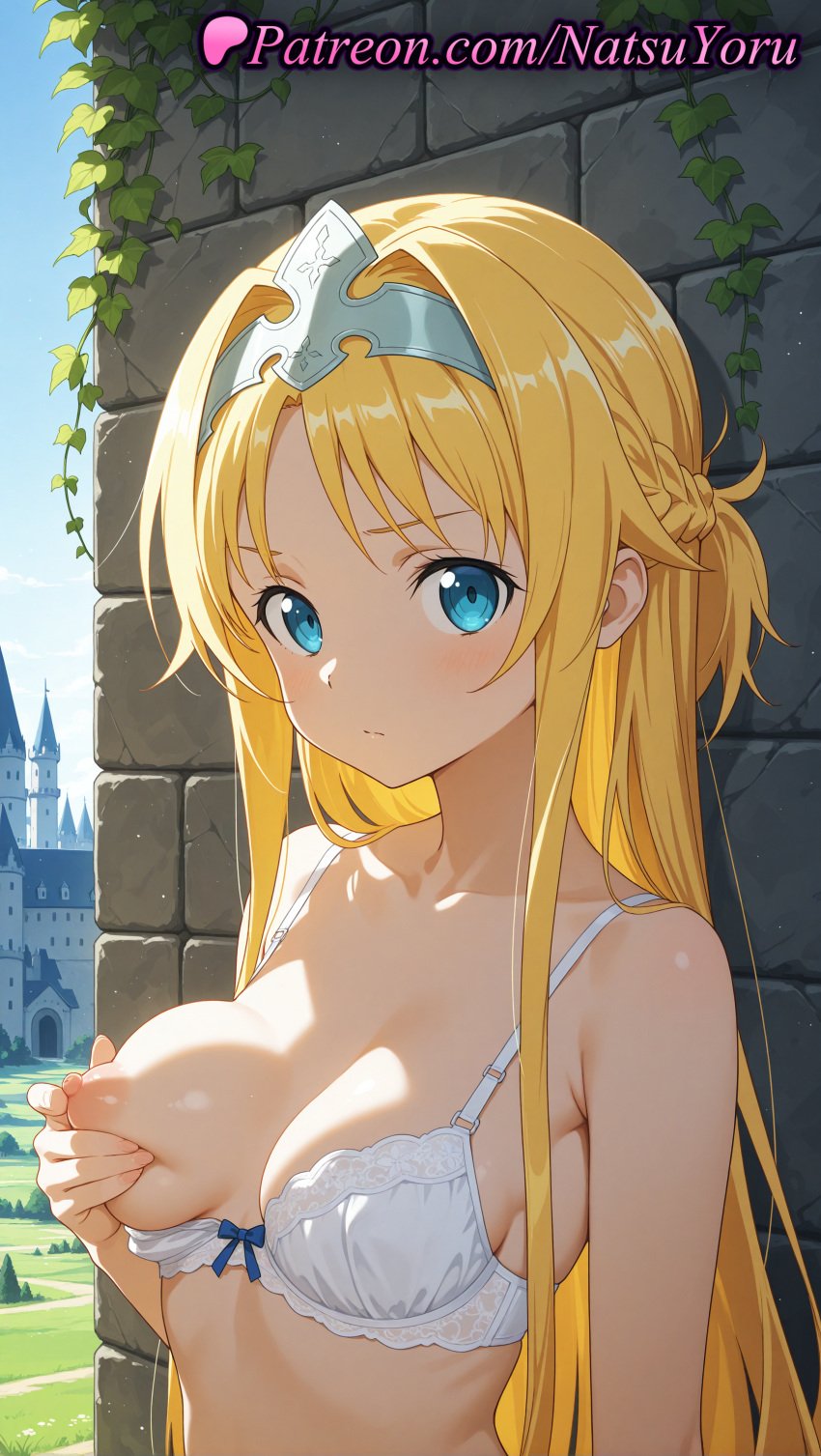 1girls 2025 ai ai_assisted ai_generated alice_schuberg alice_synthesis_thirty anime anime_style armor asian bangs bare_arms bare_shoulders blonde_hair blue_eyes blue_sky blush bow bow_bra bra bra_pull braid breasts brick_wall bust busty castle cleavage closed_mouth clothes_pull collarbone day deep_skin female_focus female_only french_braid grabbing grabbing_own_breast hair_intakes hairband hentai hi_res high_quality high_resolution highres lace-trimmed_bra lace_trim long_hair looking_at_viewer medium_breasts natsuyoru nipples nipples_outside one_breast_out outdoors patreon public_indecency sidelocks sky solo solo_female stable_diffusion sword_art_online sword_art_online_alicization uncensored_nipples underwear underwear_only upper_body very_long_hair voluptuous voluptuous_female white_bra