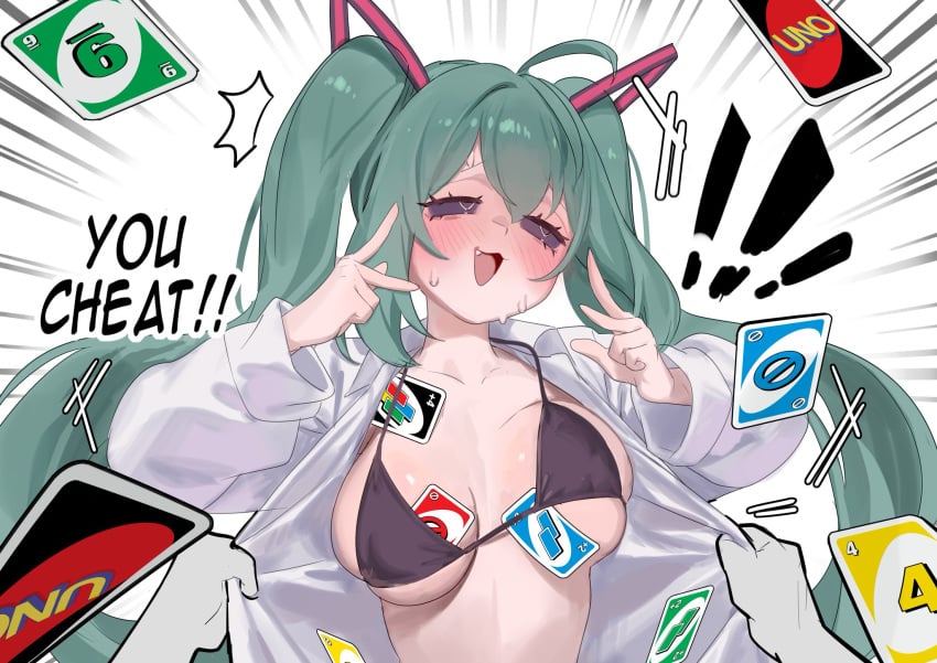 1girls ambiguous_gender big_breasts bikini blush bouncing_breasts bra breasts cheating collarbone collared_shirt female female_focus green_hair hatsune_miku humor mesugaki_miku mimukauwa_nice_try_(vocaloid) nia4294 nia_(nia4294) pov text twintails uno uno_(game) uno_card vocaloid