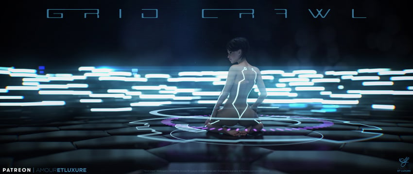 1girls 2020 3d amouretluxure artist_logo artist_name black_hair english_text female female_only kneeling nude nude_female sci-fi science_fiction short_hair solo solo_female tron tron_lines