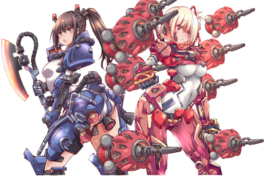 2girls ass black_hair blonde_hair blush breasts fin_funnels gundam gundam_gquuuuuux hair_ribbon heat_hawk highres inoue_takina leotard long_hair looking_at_viewer lycoris_recoil multiple_girls nishikigi_chisato open_mouth purple_eyes red_eyes red_ribbon ribbon short_hair smile twintails weapon yazawa_mana zaku