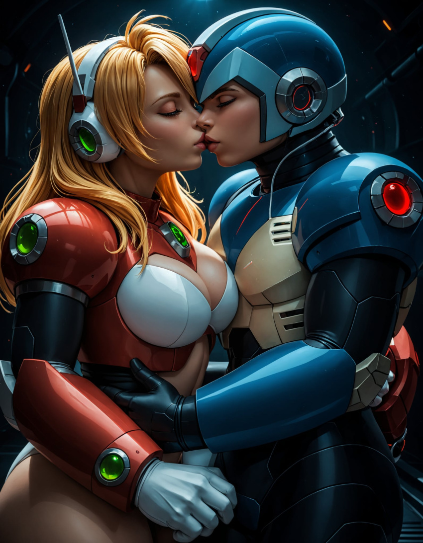 1boy 1girls ai_generated alia big_breasts blonde_hair closed_eyes female hands_on_hips kiss_on_lips long_hair mega_man mega_man_x robot_girl tagme white_gloves x_(mega_man)