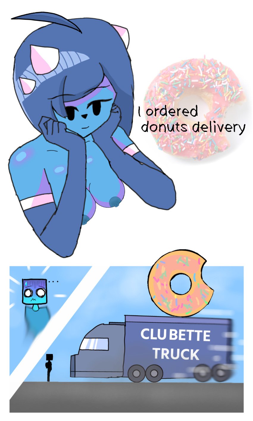 blue_hair blue_skin breasts car clubette comic donut donutcopper geometry_dash smile truck