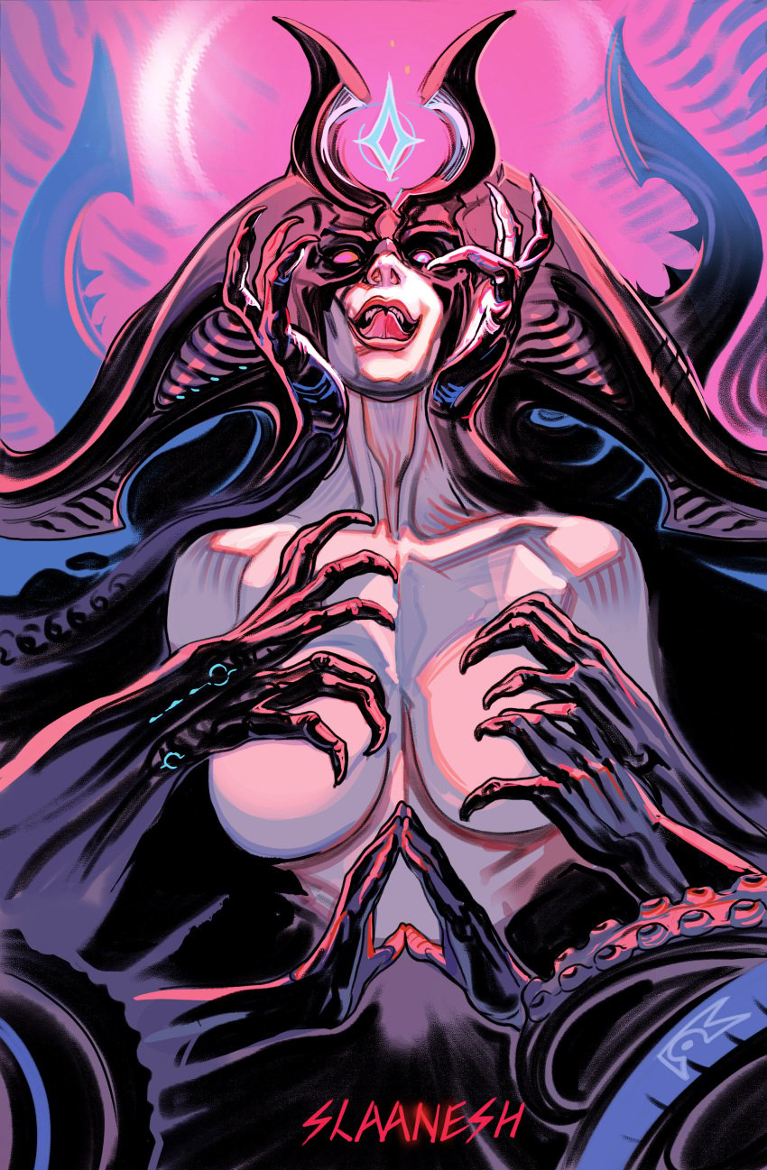 absurdres bare_shoulders breasts collarbone colored_skin completely_nude crown daemon demon_girl extra_arms female hands_on_own_breasts highres horns large_breasts milos_slavkovic monster_girl multiple_horns nude open_mouth pink_eyes pink_skin purple_background purple_skin slaanesh tentacle tongue tongue_out warhammer_40k wide_hips