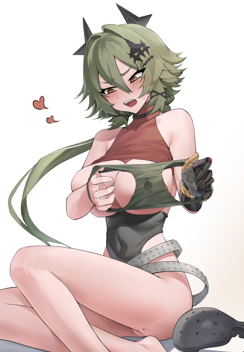 absurdres armpit_crease averting_eyes bare_shoulders belt black_leotard blush breast_cutout breasts brown_eyes caesar_king_(zenless_zone_zero) cleavage covered_navel dot_nose double-parted_bangs eyelashes female gradient_background green_hair green_panties grey_belt hair_ornament heart highres holding holding_panties holding_underwear holding_unworn_clothes large_breasts leotard long_hair luya_(luyachan) mole no_panties panties presenting_removed_panties prosthesis prosthetic_arm sidelocks sitting solo stained_panties sweat teeth tsurime underwear unworn_armor unworn_panties upper_teeth_only wet wet_clothes wet_panties zenless_zone_zero