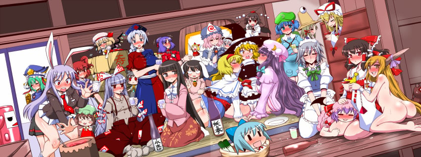 6+girls alcohol animal_ears ass bat_wings black_eyes black_hair blazer blonde_hair blue_eyes blush bottle bunny_ears chen chibi clothes drunk eiki_shiki eirin_yagokoro female flandre_scarlet fujiwara_no_mokou gap green_eyes green_hair grey_hair hair hair_bobbles hair_ornament hair_ribbon hair_tubes hat highres kaguya_houraisan kanako_yasaka komachi_onozuka lavender_hair long_hair looking_at_viewer minoriko_aki multiple_girls nazrin necktie nude panties pantyshot purple_hair red_eyes reisen_udongein_inaba ribbon rod_of_remorse sako_(bosscoffee) shanghai_doll shizuha_aki silver_hair spread_legs stitched suika_ibuki tewi_inaba tied_hair touhou twintails uncensored underwear very_long_hair wings yellow_eyes youmu_konpaku yuri