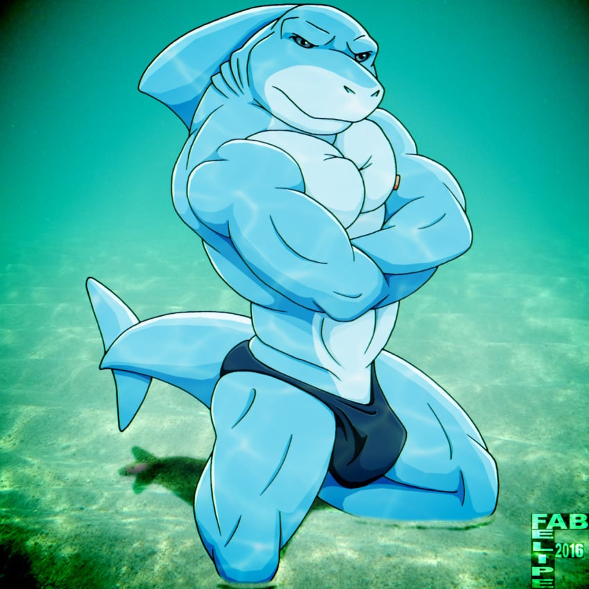 2016 anthro blue_body blue_scales bulge clothed clothing crossed_arms digital_drawing_(artwork) digital_media_(artwork) dorsal_fin fabfelipe fin fish gills hi_res kneeling looking_at_viewer male marine mouth_closed muscular muscular_anthro muscular_male scales shark solo speedo speedo_only swimwear tail topless topless_anthro topless_male underwater water