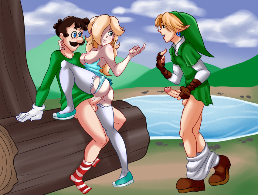 2boys bedroom_eyes blonde_hair boots crossover cum_in_pussy earrings elf_ears female imminent_threesome lake large_breasts large_penis link link_(ocarina_of_time) luigi mario_(series) mario_tennis mastery_position mmf_threesome nintendo ocarina_of_time outside penetration princess_rosalina public ripped_clothes ripped_clothing sandyrex skirt socks standing stockings the_legend_of_zelda the_legend_of_zelda:_ocarina_of_time threesome