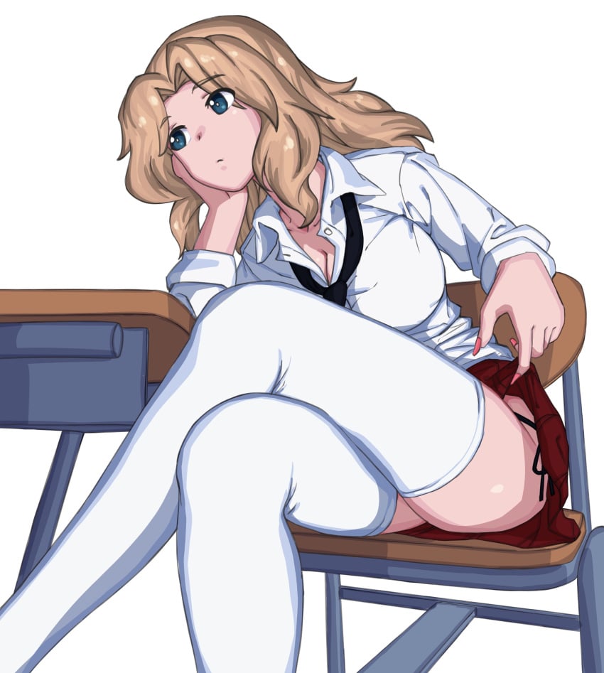 absurdres black_necktie black_panties blonde_hair blue_eyes breasts cleavage clothes_lift crossed_legs desk english_commentary female fingernails girls_und_panzer hair_intakes head_rest highres huaronanago kay_(girls_und_panzer) long_fingernails long_hair loose_necktie medium_breasts necktie panties pink_nails red_skirt saunders_school_uniform school_desk school_uniform shirt side-tie_panties side-tie_peek sitting skirt skirt_lift solo thighhighs thighs underwear white_background white_shirt