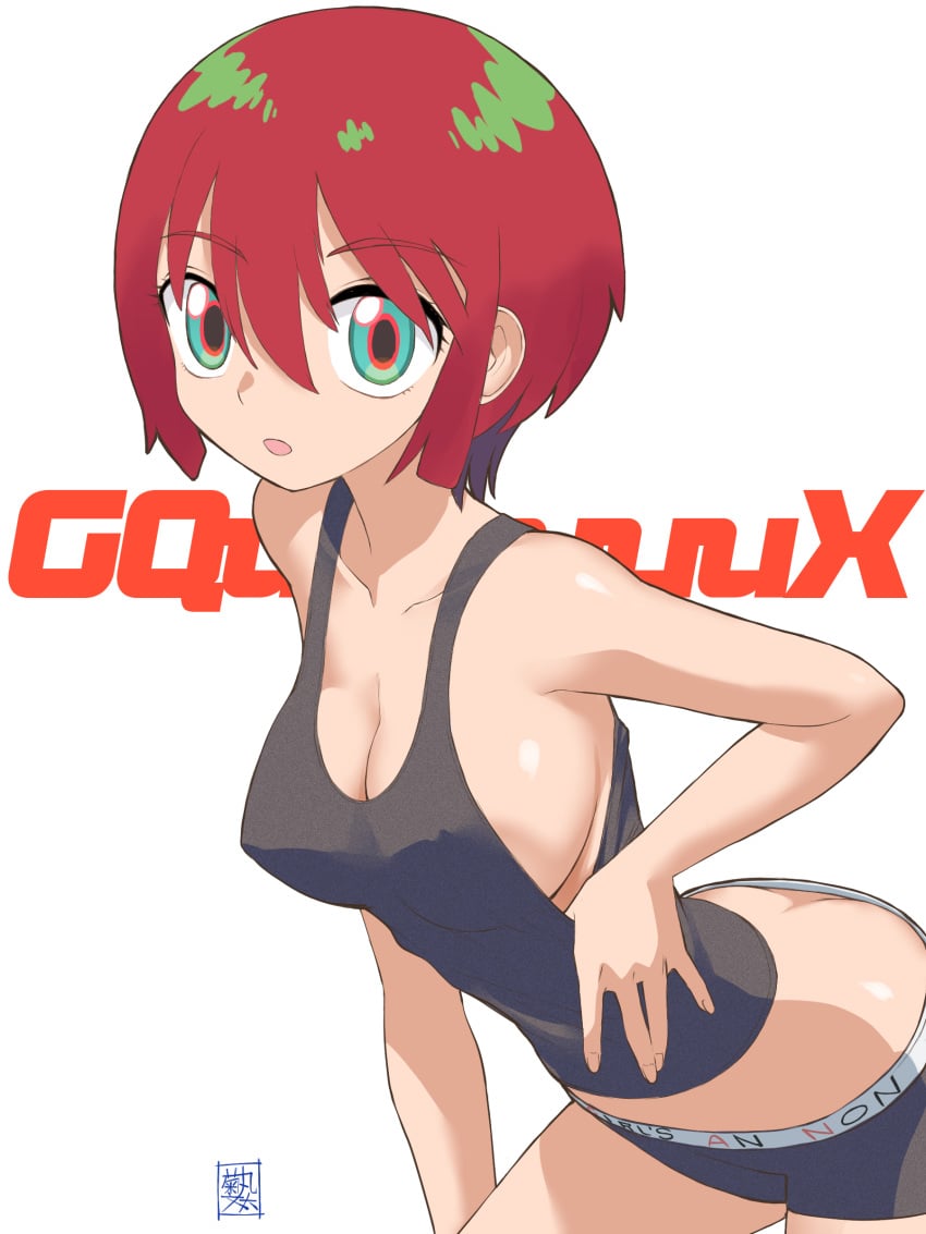 1girls :o absurdres adjusting_clothes amate_yuzuriha aqua_hair artist_name bare_shoulders bent_over black_panties black_tank_top bob_cut boyshort_panties breasts butt_crack cleavage clothes_writing collarbone commentary commentary_request copyright_name cowboy_shot gundam gundam_gquuuuuux hand_on_own_leg highres kikumaru_bunta large_breasts leaning_forward looking_at_viewer no_bra panties parted_lips red_hair ringed_eyes short_hair sideboob simple_background solo tank_top tomboy translated underwear underwear_only white_background