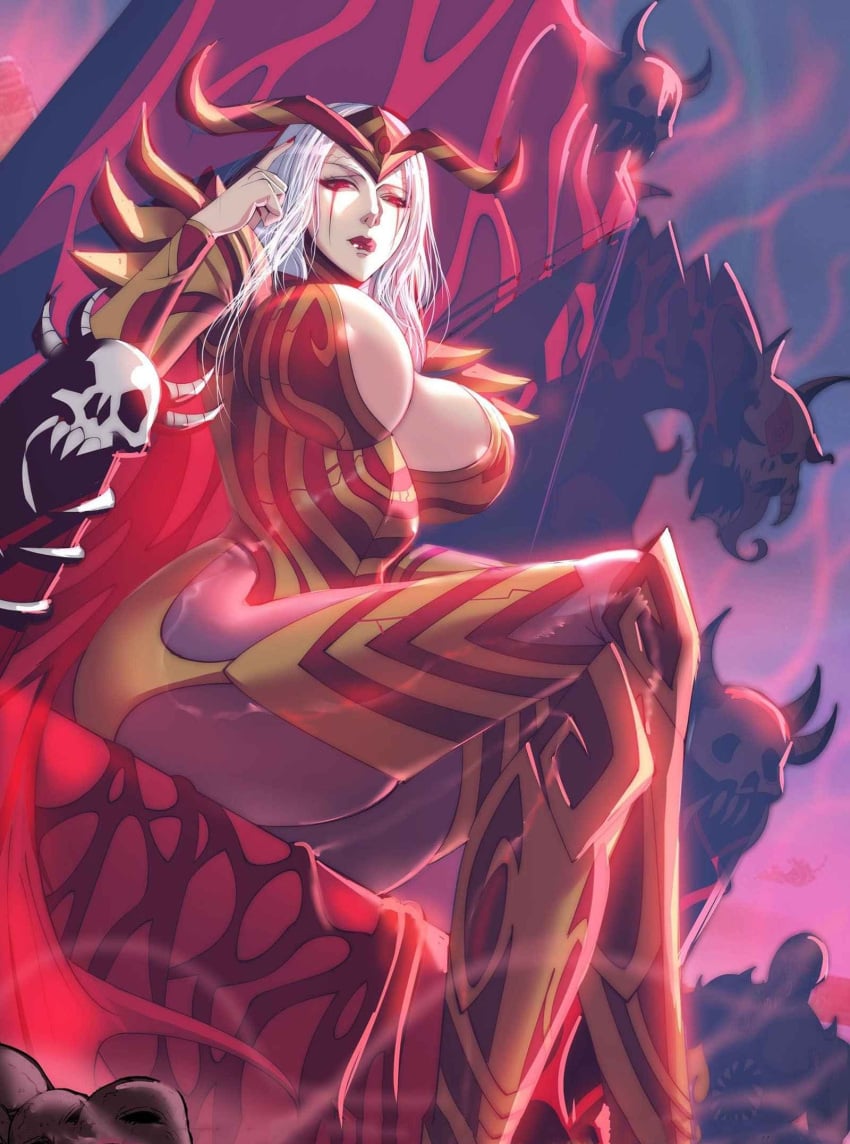 big_breasts blood busty busty_female empress_luo_wuqing hand_on_head looking_at_viewer looking_down queen red_eyes scarlet_queen throne voluptuous voluptuous_female white_hair