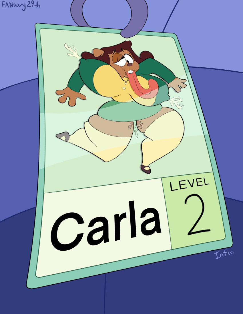 absurd_res anthro breasts brown_body brown_fur brown_hair canid canine canis card carla_(ok_k.o.!_lbh) cartoon_eyes cartoon_network cartoon_physics clothing curvy_figure dizzy_eyes domestic_dog female flattened flattened_body flattened_breasts flattening_fetish fur hair hi_res hourglass_figure hourglass_figured_anthro hourglass_figured_female hourglass_figured_humanoid leggings legwear long_tongue mammal ok_k.o.!_let's_be_heroes secretary simple_background simple_coloring simple_eyes simple_face simple_nose solo squirting_cum squish tongue toony toony_expression toony_eyes