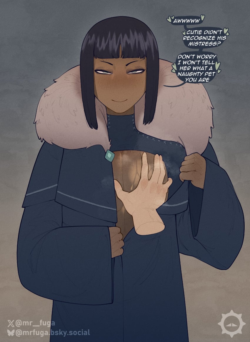 1boy avatar_legends brown_skin brown_skinned_male chest_grab clothed clothed_male clothes clothing desna dialog dialogue english english_text femboy hand_on_chest looking_at_viewer male male_focus mrfuga pov pov_hands presenting_chest solo solo_male text the_legend_of_korra thick_clothes winter_clothes