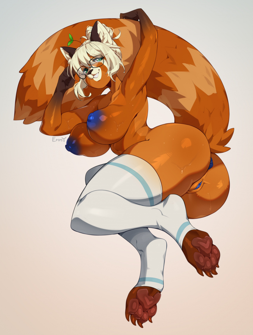 ailurid anthro anus areola ass biped breasts clothing emmyliquid eyewear female genitals glasses hair hi_res legwear mammal multicolored_body nipples pupils pussy red_panda simple_background smile solo thick_thighs thigh_highs three-quarter_view