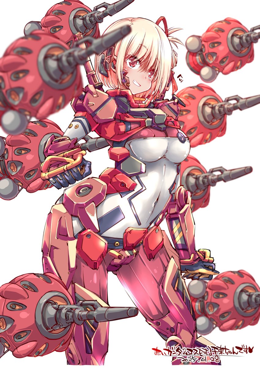 1girls armor blonde_hair blush breasts closed_mouth crossover fin_funnels gundam gundam_gquuuuuux hair_ribbon highres long_hair looking_at_viewer lycoris_recoil mecha_musume mecha_pilot_suit nishikigi_chisato red_eyes red_ribbon ribbon smile yazawa_mana