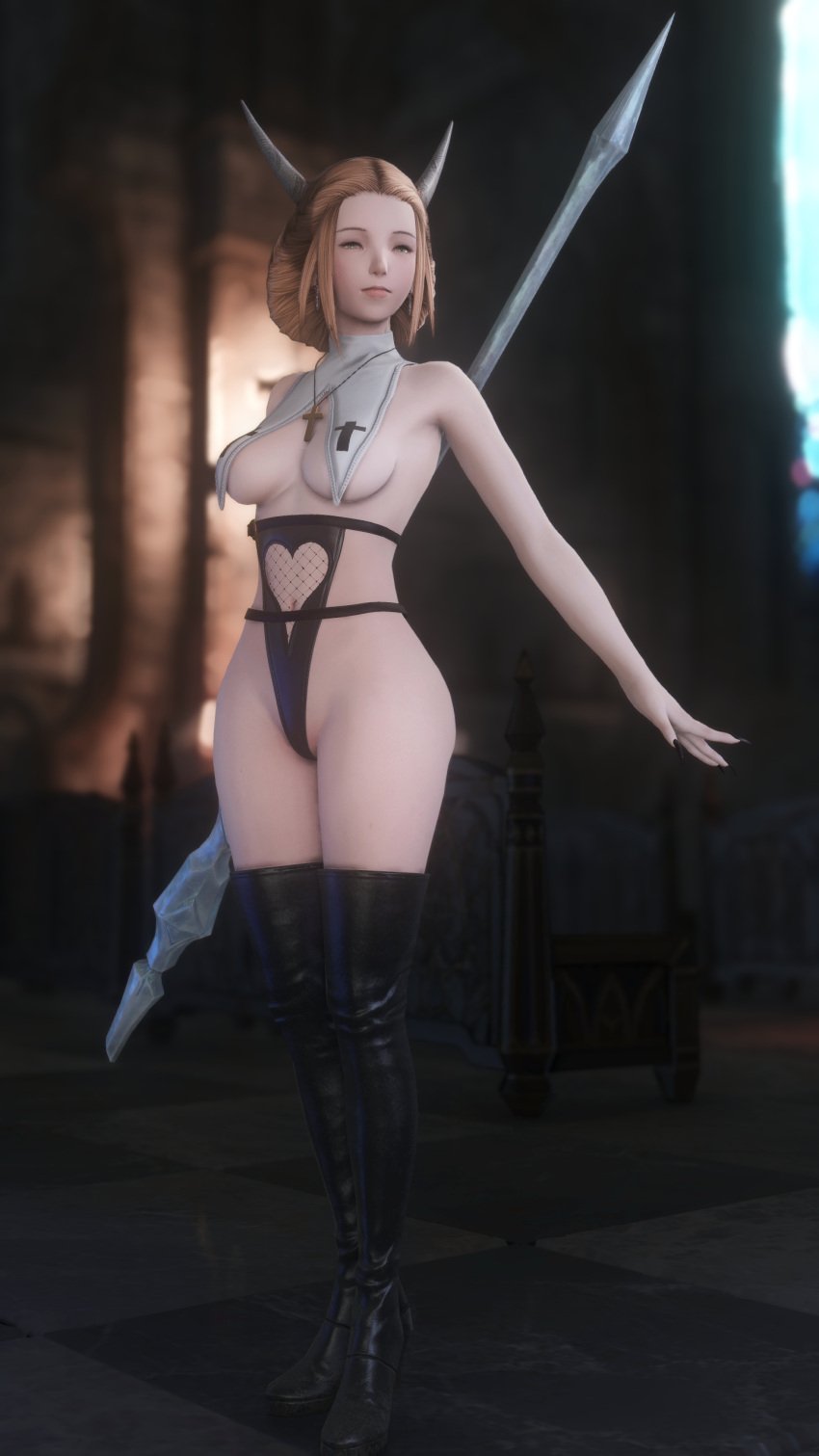 1female 3d ass black_nails boots cross exposed_ass exposed_breasts female_focus final_fantasy final_fantasy_xiv heel_boots heels hi_res hyur kan-e-senna kyubisan light-skinned_female light_skin looking_at_viewer mage magic_wand nun_outfit padjal painted_nails solo solo_female square_enix suggestive thighs underboob weapon white_mage