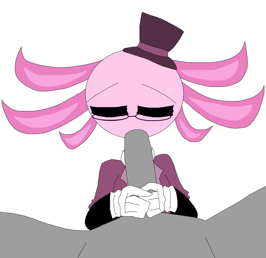 anon anthro axolotl axolotl_humanoid blowjob circle_head closed_eyes gills glasses grabbing_penis gray_body kinito kinito_the_axolotl kinitopet pink_hat pink_head sweat sweating white_gloves