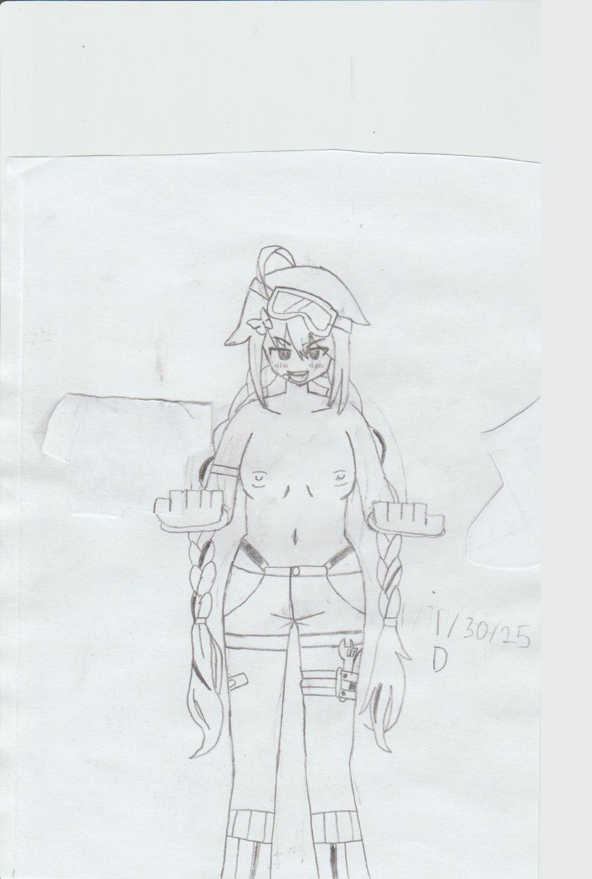 ahoge bandage_on_thigh bicep_strap butterfly_hair_ornament calf_socks dated excited goggles_on_head hip_straps idol_corp medium_breasts nikki_rei nodders open_mouth overall_shorts pencil_(artwork) scan_artifacts self-upload thigh_strap tool_belt topless twin_braids work_gloves