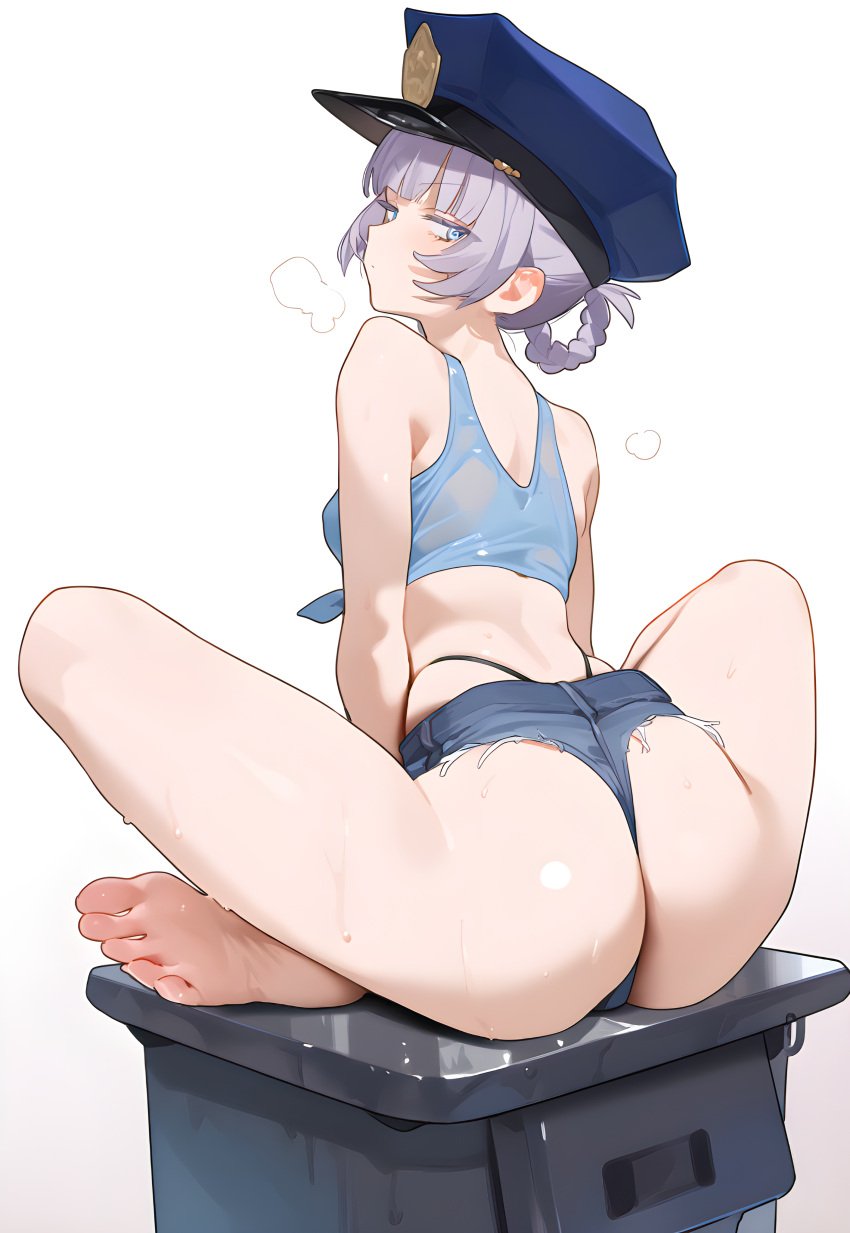 1girls ai_generated ass ass_focus barefoot booty_shorts braided_hair_rings call_of_the_night denim_shorts feet female female_only foot_fetish jean_shorts nanakusa_nazuna nanakusa_nazuna_(yofukashi_no_uta) police_hat police_uniform purple_hair shirt short_shorts shorts sleeveless soles solo stable_diffusion sweat toes upscaled white_background yofukashi_no_uta