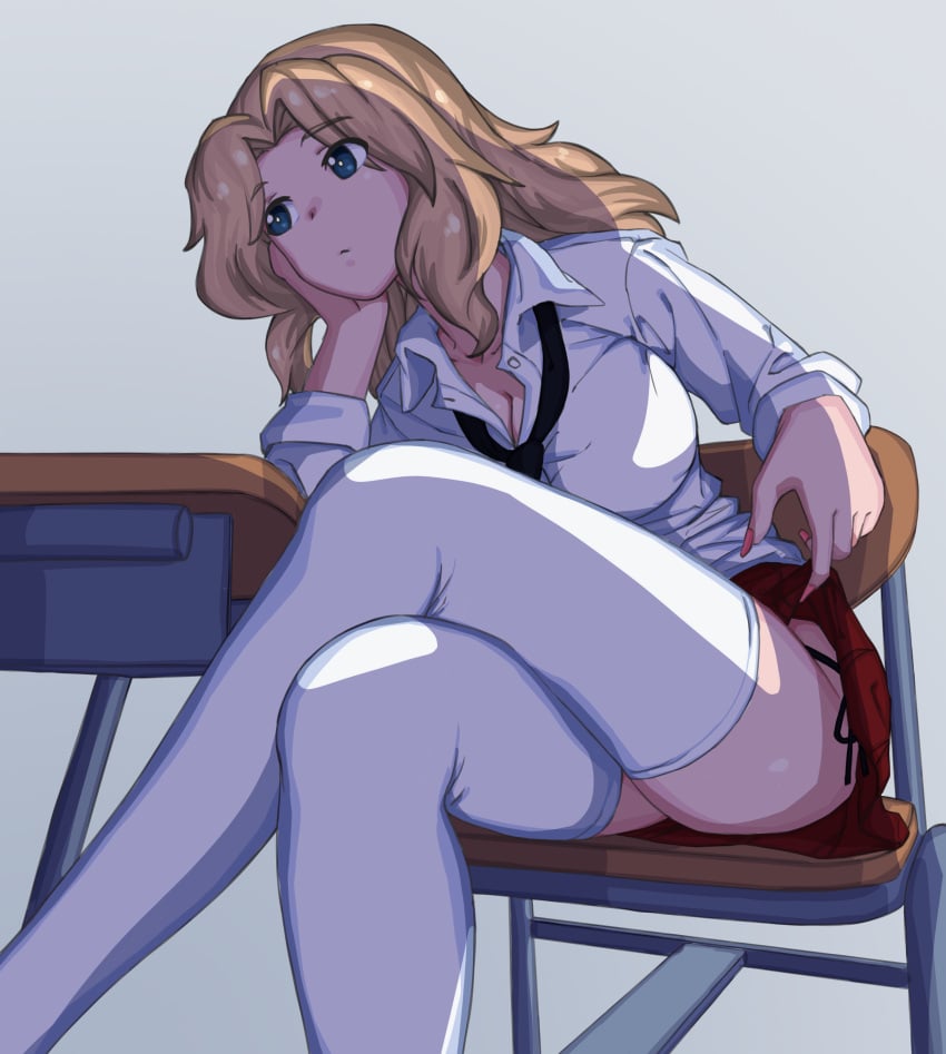 absurdres black_necktie black_panties blonde_hair blue_eyes breasts cleavage clothes_lift crossed_legs desk english_commentary fake_nails female fingernails flashing girls_und_panzer gyaru hair_intakes head_rest highres huaronanago kay_(girls_und_panzer) large_breasts long_fingernails long_hair loose_necktie miniskirt necktie panties pink_nails red_skirt saunders_school_uniform school_desk school_uniform shirt side-tie_panties side-tie_peek sitting skirt skirt_lift solo thighhighs thighs underwear white_background white_shirt