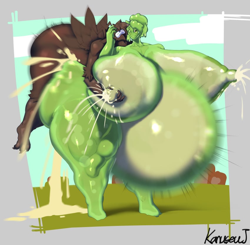 absurd_res anthro ass avian big_breasts big_butt big_penis bodily_fluids breast_milking breasts cum cum_inside duo female genital_fluids genitals goo_creature hi_res huge_breasts huge_butt huge_cock humanoid hyper hyper_breasts hyper_butt hyper_genitalia hyper_penis inflation kanuseuj lactating male male/female penis quinton_(unknownberd) slimer_(stemingbunbun) stomach_bulge