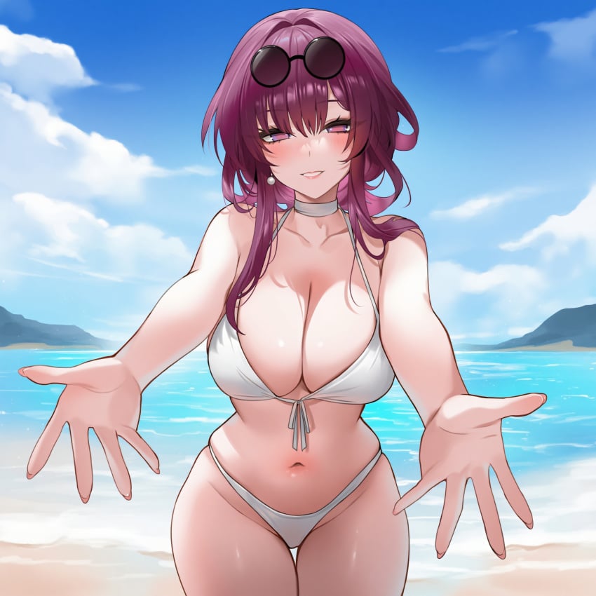 1girls ai_generated beach bikini blush honkai:_star_rail kafka_(honkai:_star_rail) large_breasts looking_at_viewer navel outdoors red_eyes red_hair roxor smile solo sunglasses white_bikini wide_hips