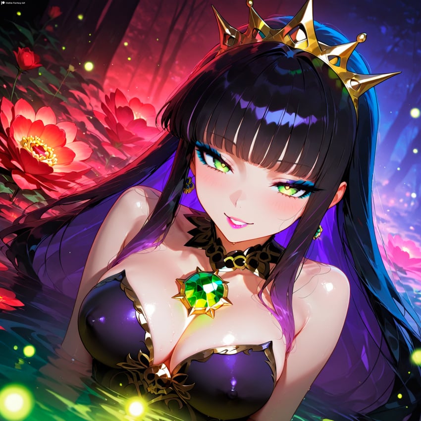 1female 1girls ai_generated ass bangs belly_button big_ass black_hair blush blushing_at_viewer boob breasts child_bearing_hips crown curvy curvy_female curvy_figure dark_aura dominatrix dress fantasy female femdom goddess green_eyes horny innie_belly_button light-skinned_female long_hair looking_at_viewer medium_breasts navel original outdoors pale-skinned_female patreon persephone_(stblfantasy) purple_hair sadistic sensual sexually_suggestive sexy shiny_skin solo solo_female solo_focus stable_diffusion stblfantasy suggestive thick thick_thighs thighs toned toned_body toned_female very_long_hair