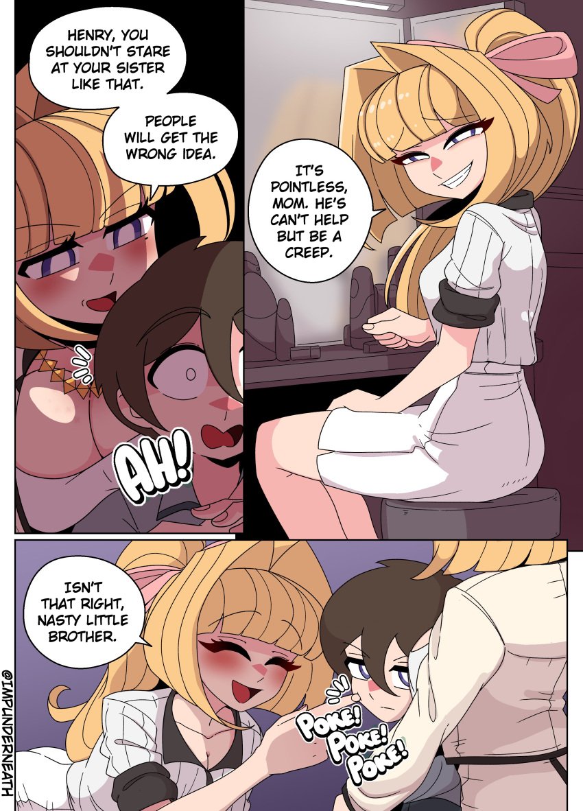 blonde_hair color comic ellie_(impunderneath) english_text female impunderneath maria_(impunderneath) milf mother original original_character possessed possession purple_eyes